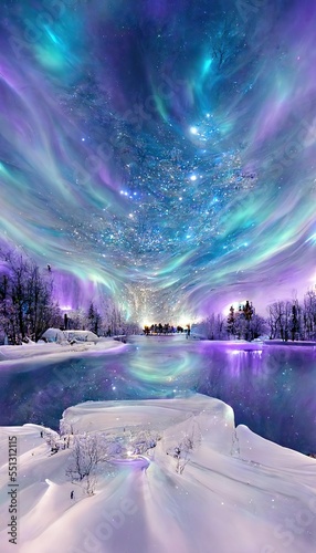 Beautiful winter solstice landscape, violet and icy blue northern lights reflecting in the lake. Merry Christmas and happy new year greeting card background.