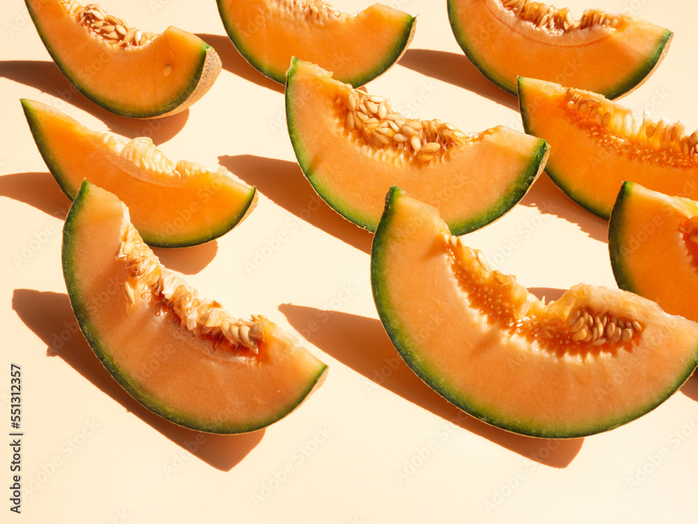 Many slices of a fresh melon on the background, wallpaper Many slices of a fresh melon on the background, wallpaper