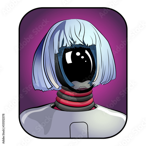 portrait of an android in a female wig with a glass face