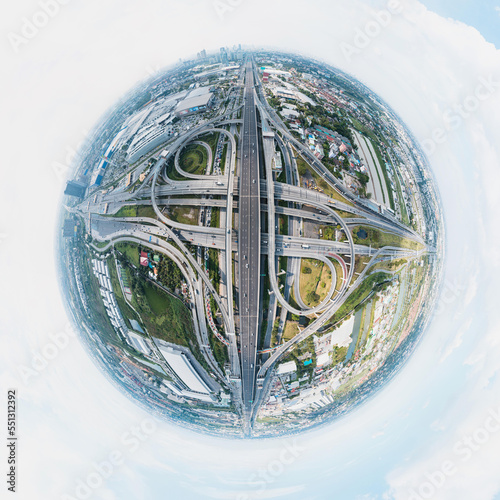 360 Degree Spherical panorama of Multilevel junction motorway top view, Road traffic an important infrastructure in Thailand.Expressway Road and Roundabout.Transportation and travel concept.