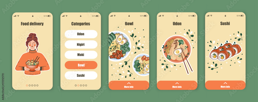 Set of UI, UX screens for mobile app about food delivery. Asian food Dashboard. Chinese, Korean or Japanese online shop. Template of the interface.