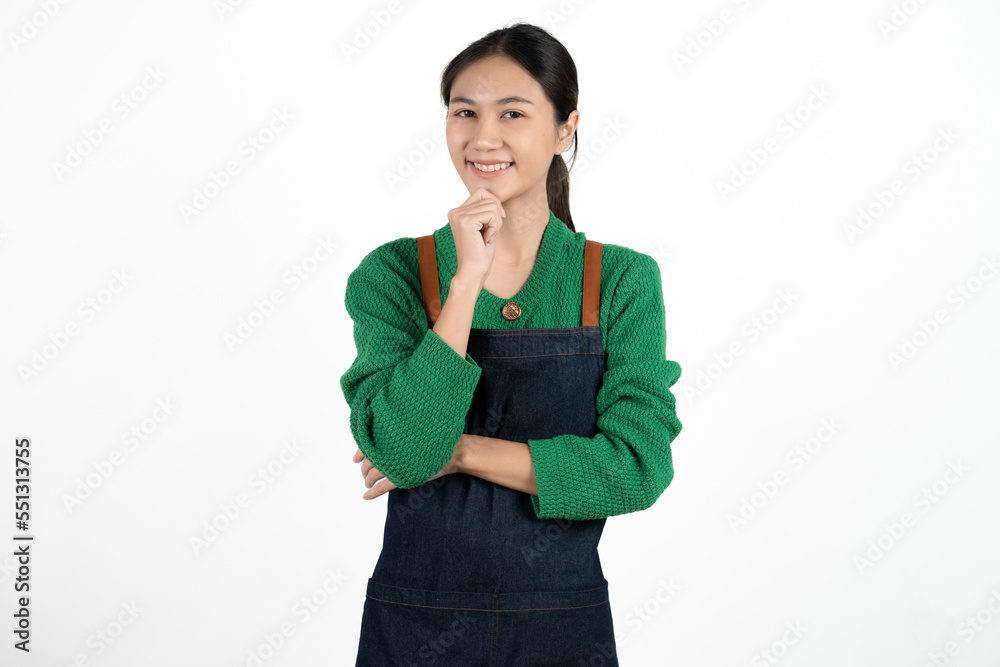 Small shop owner, entrepreneur or sales clerk standing happy and proud wearing apron. Young woman isolated on white background. Small shop owner, entrepreneur or sales clerk standing happy and proud wearing apron. Young woman isolated on white background.
