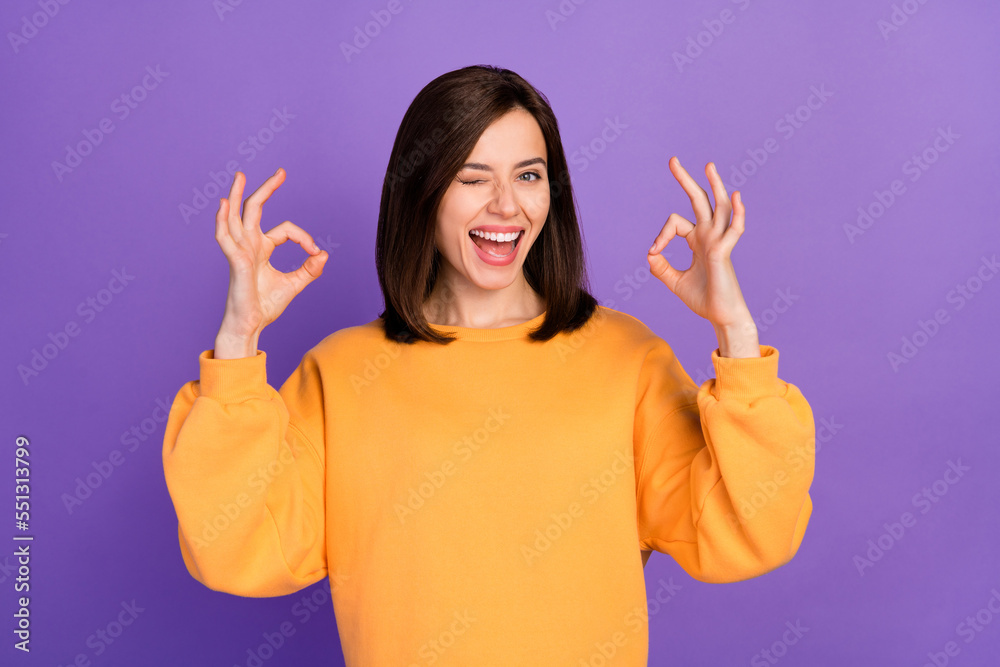 Portrait photo of young adorable gorgeous lady wear sweater blink eye showing okey sign recommend new offer isolated on violet color background Portrait photo of young adorable gorgeous lady wear sweater blink eye showing okey sign recommend new offer isolated on violet color background