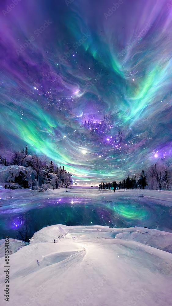 Purple and icy blue northern lights reflecting in the lake, winter landscape. Merry Christmas and happy new year greeting card background.