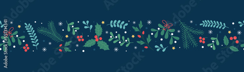Christmas seamless border with mistletoe, holly, christmas tree and berries. Pattern with branches and decorations is suitable for postcards, invitations, textiles. Vector float cartoon design.