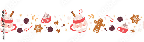 Christmas horizontal seamless border with gingerbread, mug with hot chocolate, cookies, marshmallows and candy cane. Festive pattern for greeting cards, banners, invitations, textiles.
