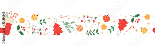 Christmas horizontal seamless border with holly, christmas stocking, snowflakes, candy cane and christmas decorations. Festive pattern for greeting cards, banners, invitations, textiles.