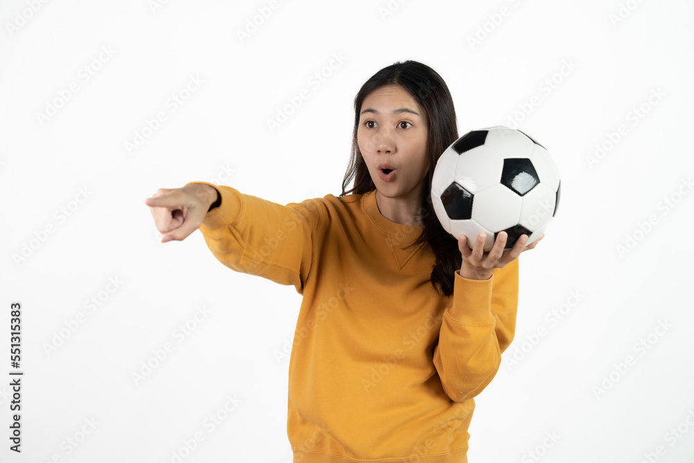 Excited young asian woman shout cheering football players. Entertainment and hobby concept. Excited young asian woman shout cheering football players. Entertainment and hobby concept.
