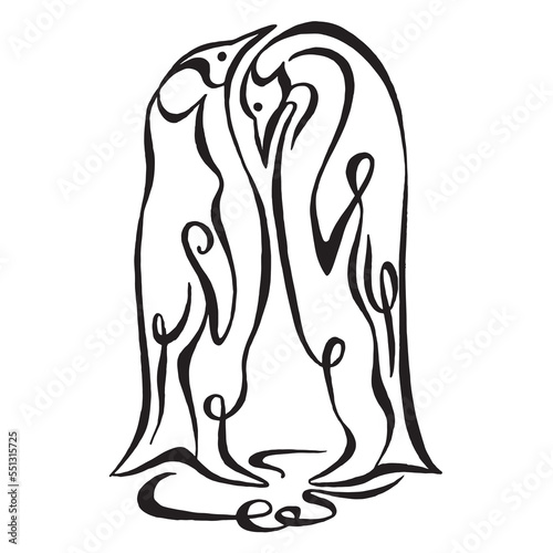 Pair of penguins black and white one line ink drawing. Calligraphic drawing. Linear drawing. Vector illustration isolated on white. Tattoo design.