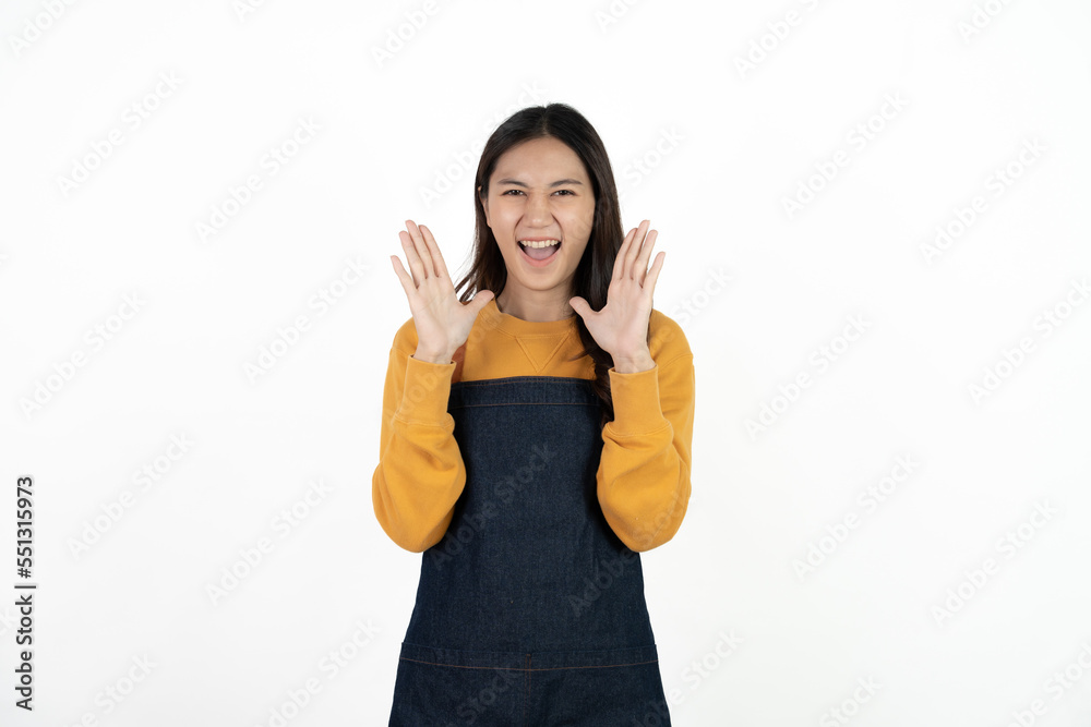 Young beautiful woman with apron standing on isolated white background pointing finger to blank space. Young beautiful woman with apron standing on isolated white background pointing finger to blank space.
