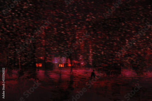 Obraz na plátne red cabin horror black Christmas background, dark forest scary poster design