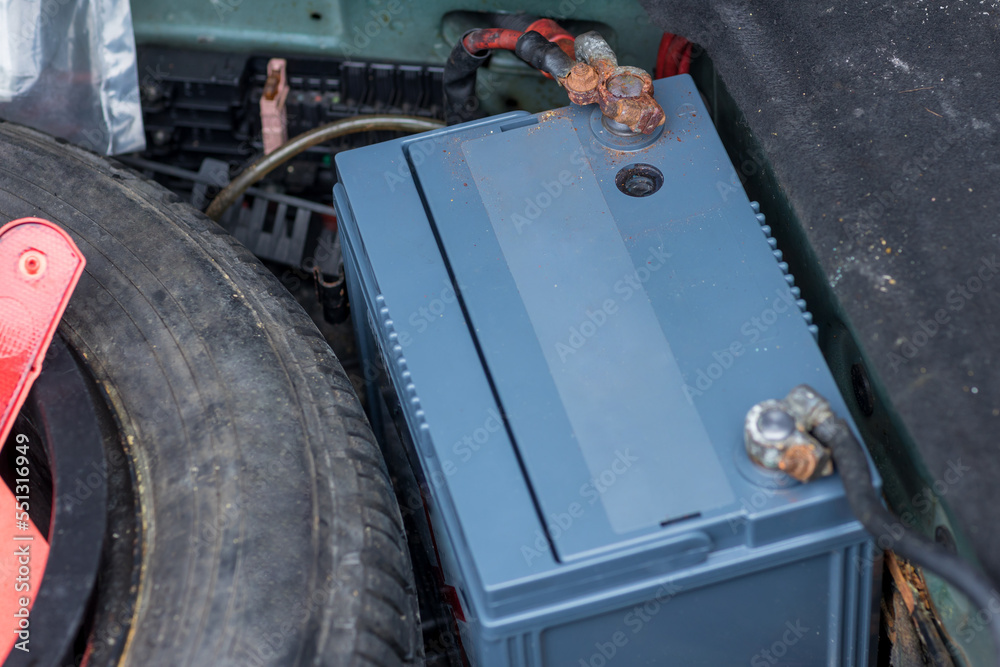 Oxidized and dirty car battery terminal. Battery terminals corrode