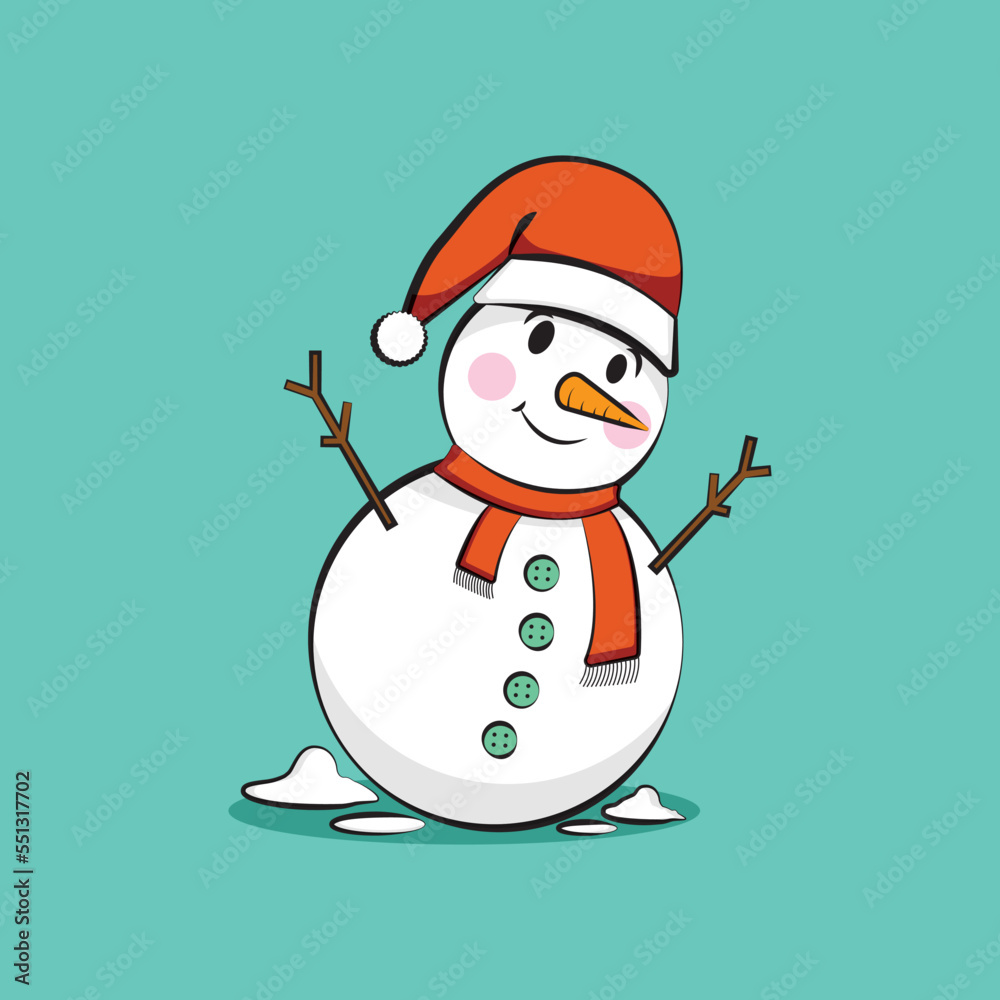 Snowman with a scarf and santa hat isolated on blue background. Flat design. Graphic resource for winter and christmas content, banner, sticker label and greeting card. Vector illustration EPS10. Snowman with a scarf and santa hat isolated on blue background. Flat design. Graphic resource for winter and christmas content, banner, sticker label and greeting card. Vector illustration EPS10.
