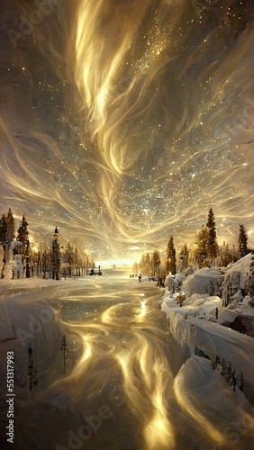 Golden northern lights winter solstice, snow covered winter landscape, Merry Christmas and happy new year greeting card background