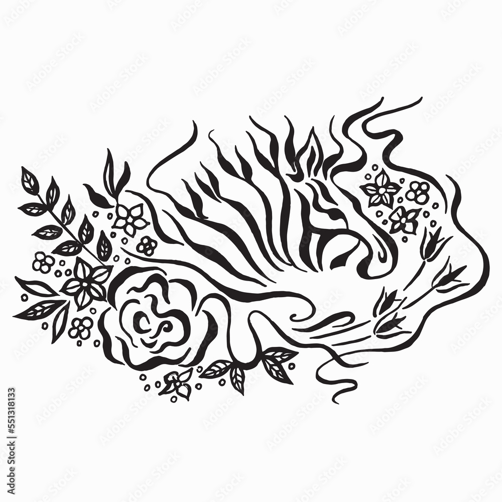 Hand drawn monochrome zebra head with flowers isolated on white background. Elegant illustration with animal portrait and flowers, t-shirt, tattoo design. Calligraphic illustration. Hand drawn monochrome zebra head with flowers isolated on white background. Elegant illustration with animal portrait and flowers, t-shirt, tattoo design. Calligraphic illustration.