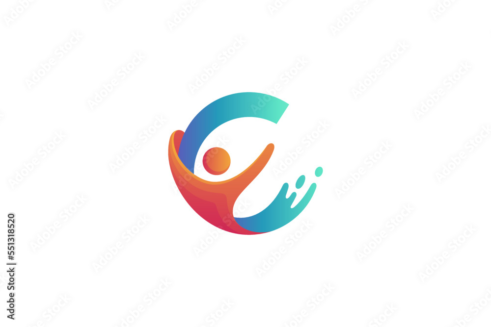 C letter logo with person shape with water splash effect C letter logo with person shape with water splash effect