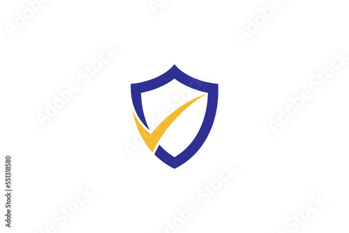 Shield logo with tick symbol in blue and yellow color flat design style