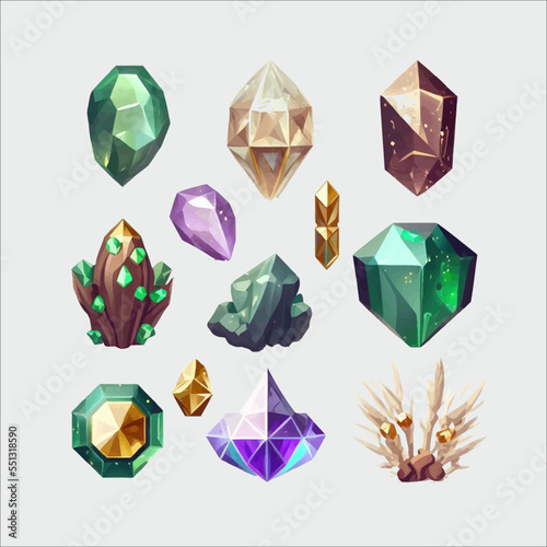 Magic crystals, precious gemstones with glow and sparkles. Flat cartoon illustration isolated on gray background