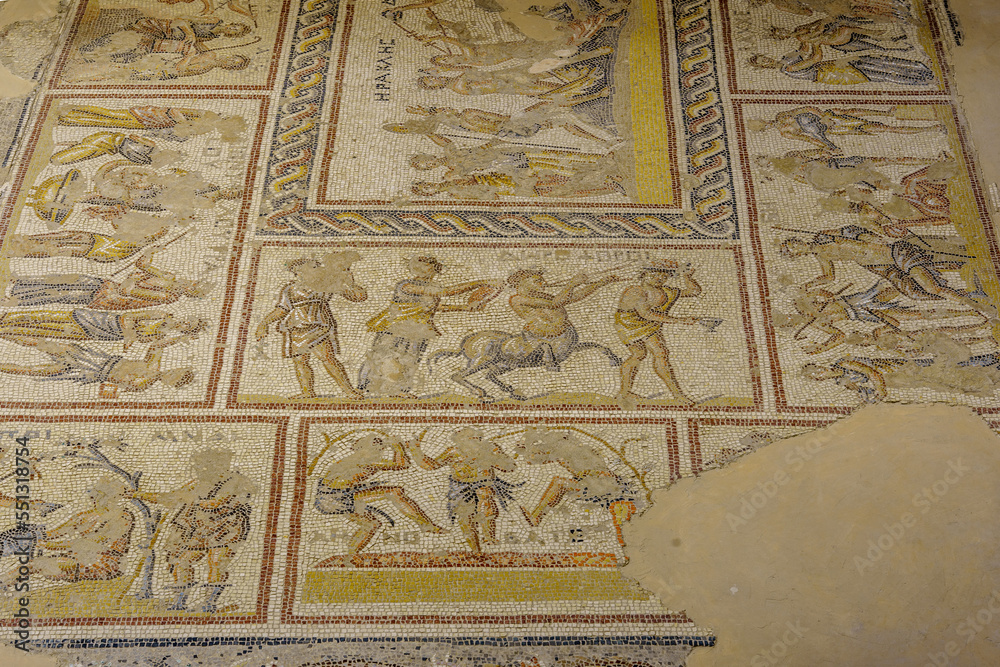 Ancient Roman mosaic floor of the Dionysus house, Tzipori
