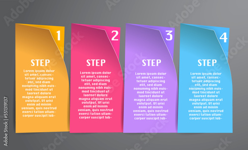 Four vector progress block steps template with descriptions, numbers. Four fresh color vertical column stripe steps and shadows on dark background
