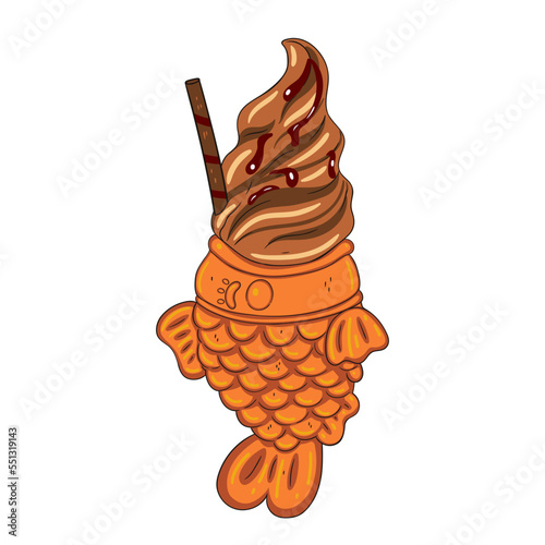 Chocolate ice cream in the form of Taiyaki fish isolate on a white background. Vector graphics.