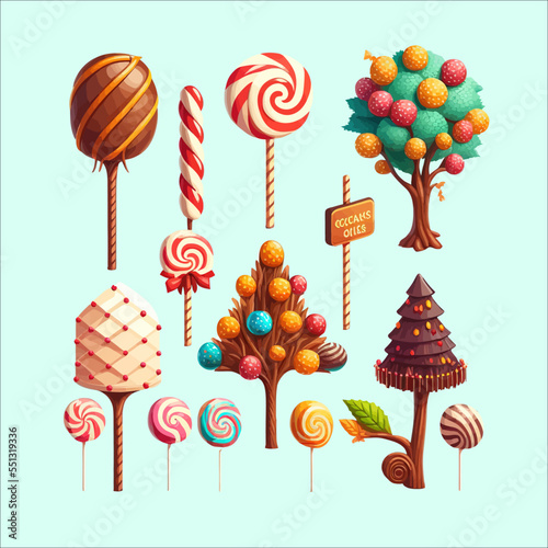 Fantasy sweets, candies, chocolate and waffle tubes for game. Flat cartoon illustration isolated on white background photo