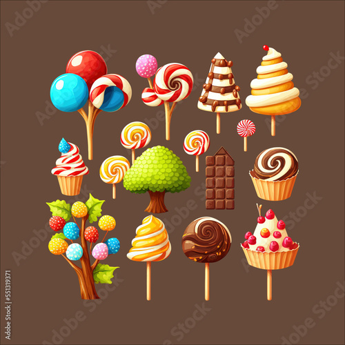 Fantasy sweets, candies, chocolate and waffle tubes for game. Flat cartoon illustration isolated on white background