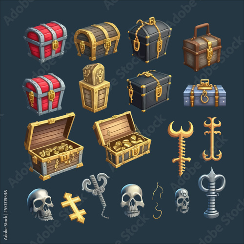 Treasure chests, game trunks, wooden boxes. Pirate loot, gui design element. Flat illustration isolated on gray background