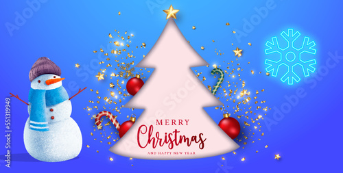 Merry Christmas banner studio with festive decoration copy space and christmas tree paper cut style