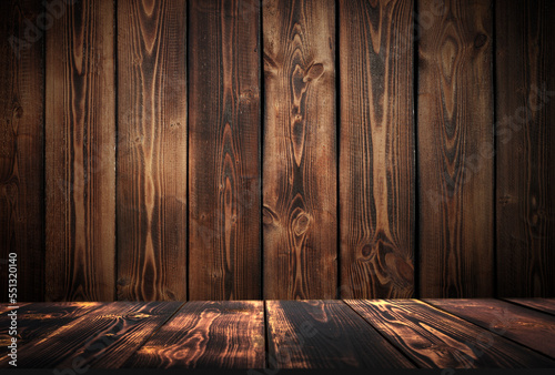 Wooden table background. Old rustic wooden planks and board with dark texture desk for food product or drink. 