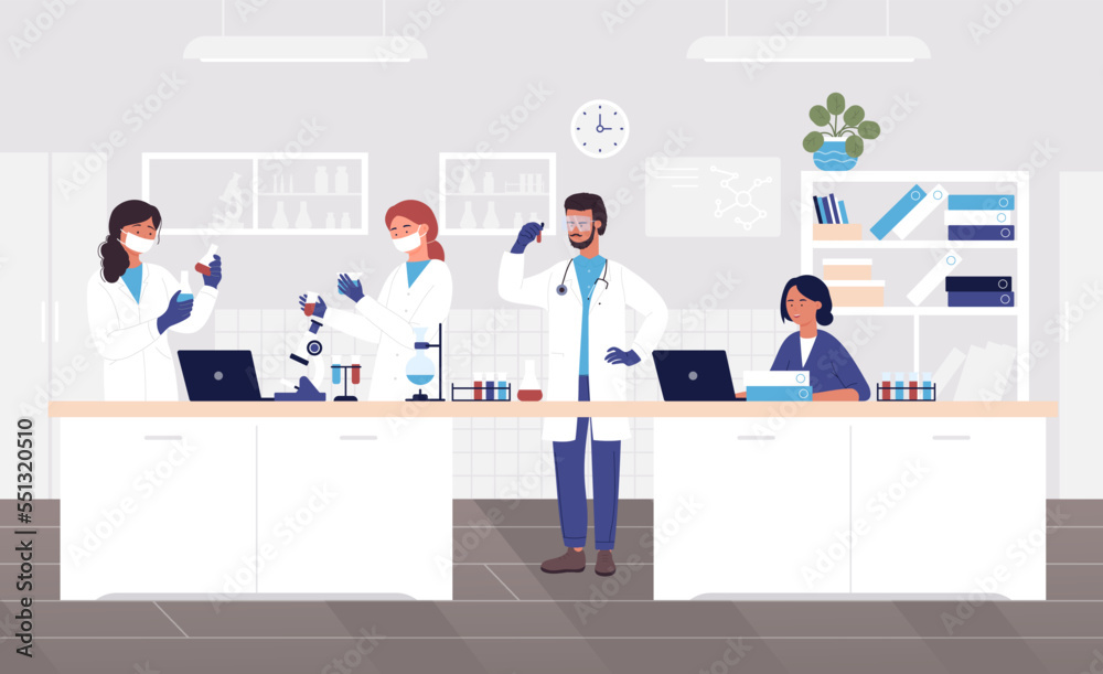 Scientists man and woman people conducting scientific research in a lab, interior of science laboratory, Laboratory interior, equipment and lab glassware vector Illustration