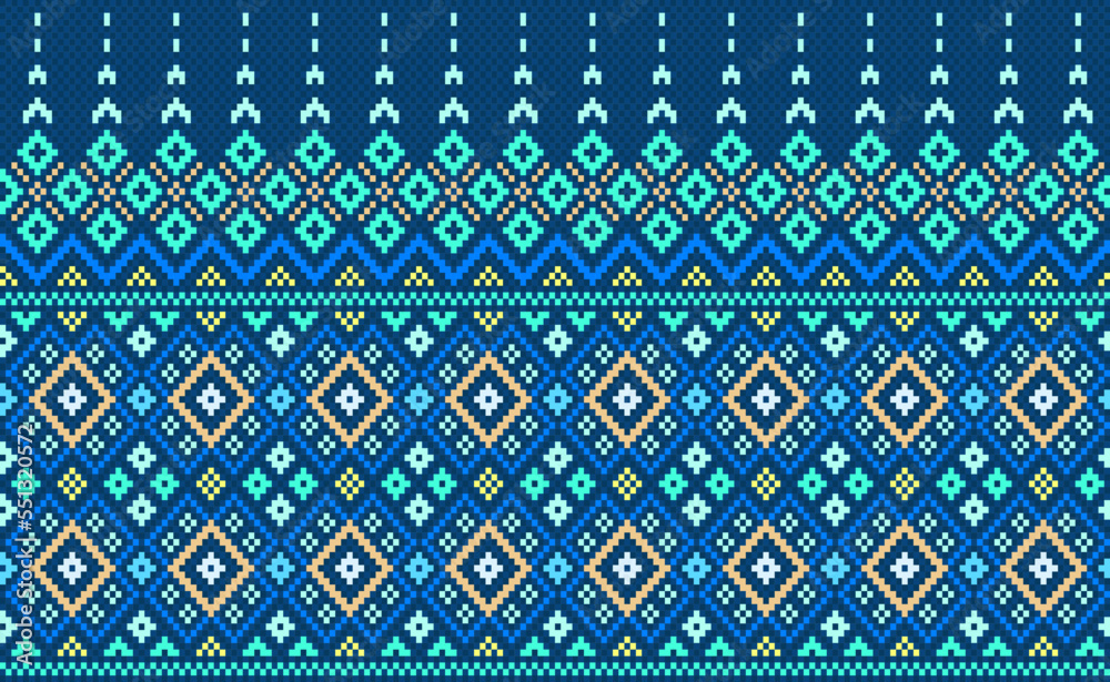 Embroidery ethnic pattern, Vector Geometric geometry background, Cross stitch endless geometric style, Blue pattern ornament texture, Design for textile, fabric, cloth, digital print, sweater