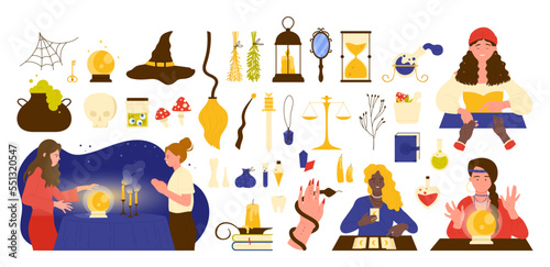 Magic of predictions set vector illustration. Cartoon gypsy fortune teller reading destiny with clairvoyant crystal ball and astrology, tarot and palmistry, creepy gothic collection of mystery