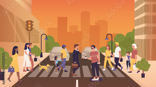 Various people crossing road at crosswalks zebra in modern city at sunset vector illustration