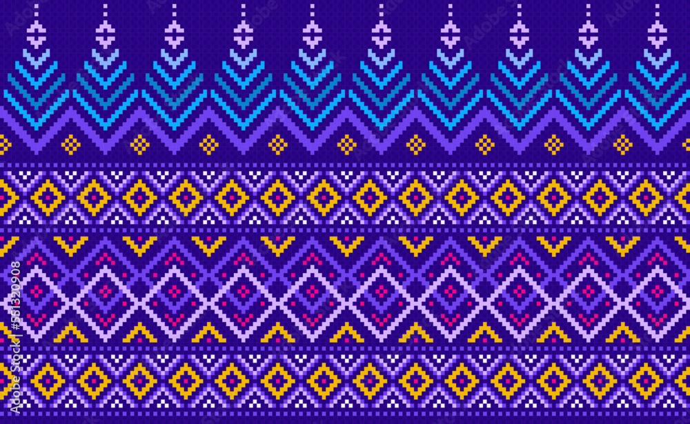 Geometric ethnic pattern, Vector embroidery ornate background, Pixel retro zigzag style, Blue and yellow pattern knitting continuous, Design for textile, fabric, ceramic, digital print, tapestries