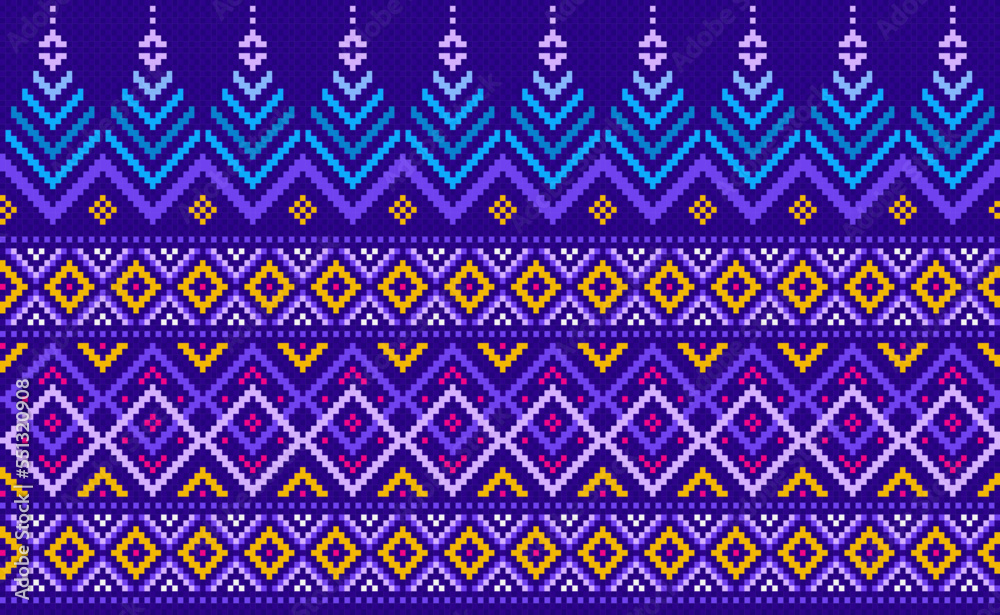Geometric ethnic pattern, Vector embroidery ornate background, Pixel retro zigzag style, Blue and yellow pattern knitting continuous, Design for textile, fabric, ceramic, digital print, tapestries Geometric ethnic pattern, Vector embroidery ornate background, Pixel retro zigzag style, Blue and yellow pattern knitting continuous, Design for textile, fabric, ceramic, digital print, tapestries