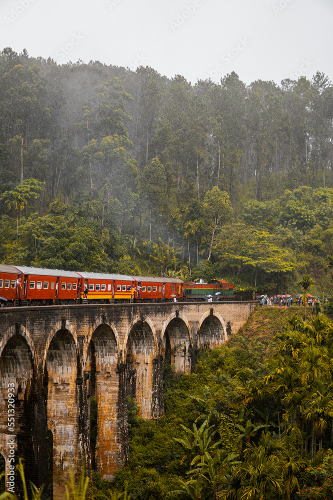 Tren pasando encima del puente de 9 arcos en Sri Lanka