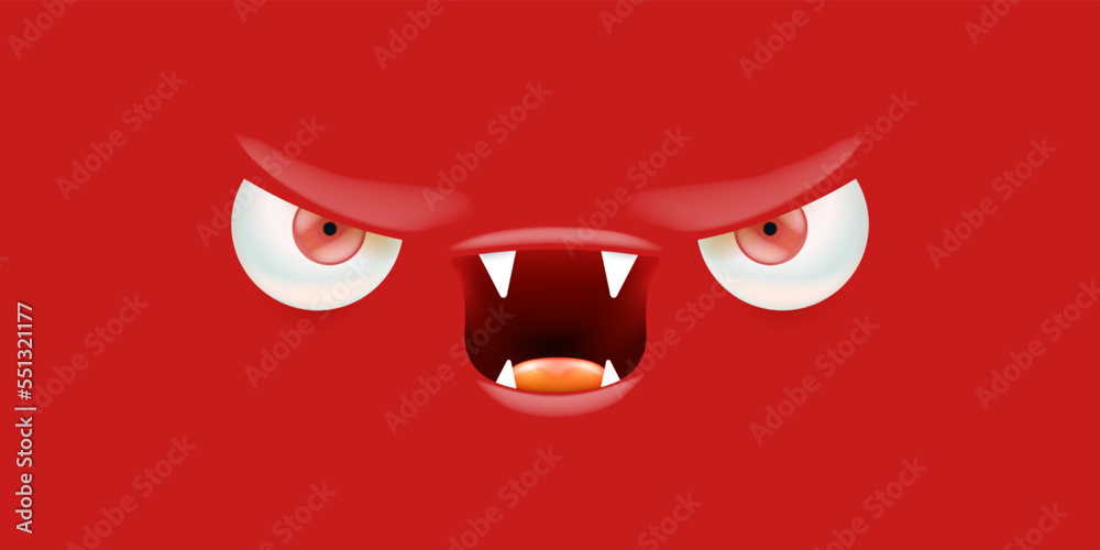 Vector funny angry red christmas monster face with open mouth with fangs and evil eyes isolated on red background. Christmas cute and angry monster design template for poster, banner and tee print Vector funny angry red christmas monster face with open mouth with fangs and evil eyes isolated on red background. Christmas cute and angry monster design template for poster, banner and tee print