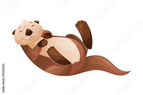 Swimming Sea Otter as Marine Mammal and Aquatic Creature with Brown Coat and Long Tail Vector Illustration