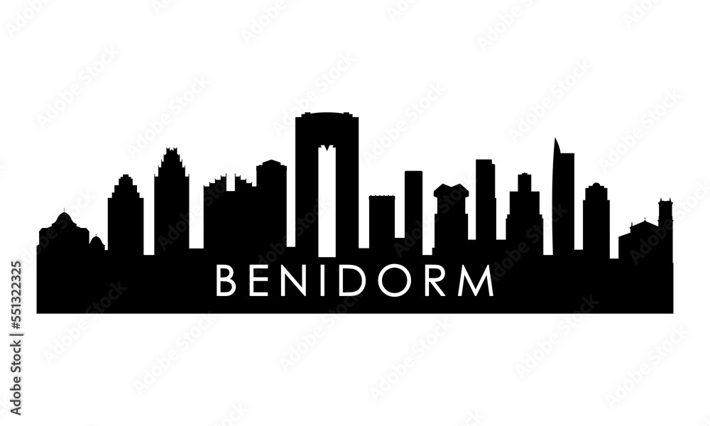 Benidorm skyline silhouette. Black Benidorm city design isolated on white background.