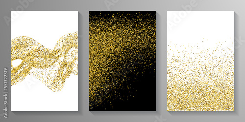 Subtle gold confetti powder scatter texture. Triangle square circle star granules vector. Banner template. Blink scruple particles grain confetti. Birthday decoration bright splatter