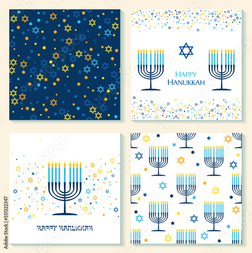 Happy Hanukkah card with nine-branched candelabrum Hanukkah menorah and Star of David Jewish symbol.