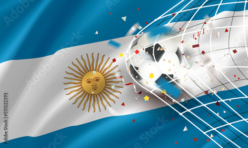 The ball in the soccer net. Goal vector concept with flag of Argentina. 3d vector banner with blur effect
