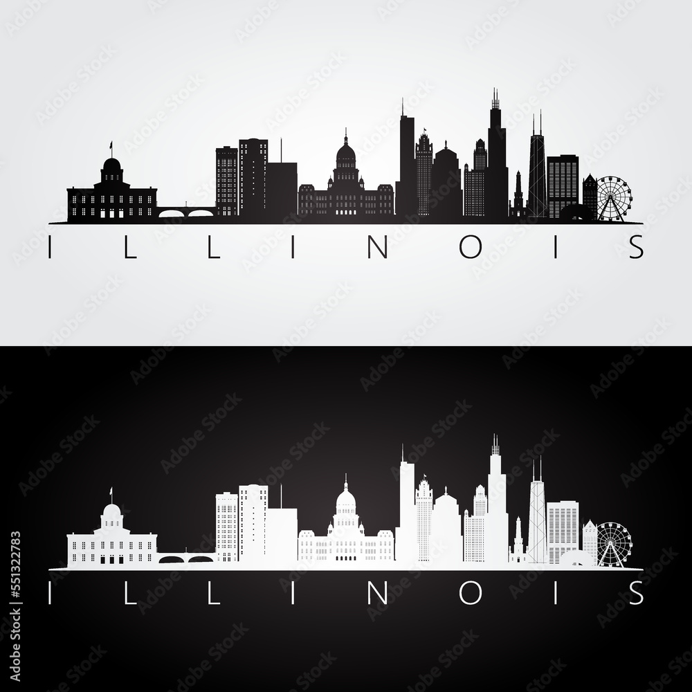 Illinois state skyline and landmarks silhouette, black and white design. Vector illustration.