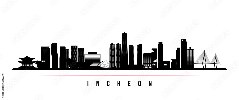 Incheon skyline horizontal banner. Black and white silhouette of Incheon, South Korea. Vector template for your design.