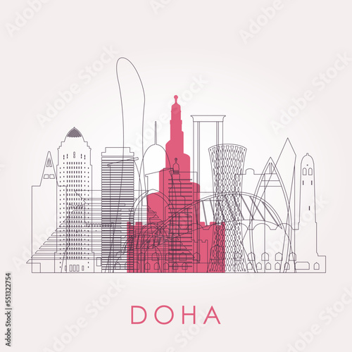 Outline Doha skyline with landmarks. Vector illustration. Business travel and tourism concept with historic buildings. Image for presentation, banner, placard and web site.