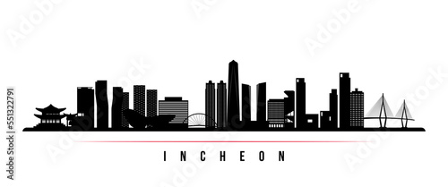 Incheon skyline horizontal banner. Black and white silhouette of Incheon, South Korea. Vector template for your design.