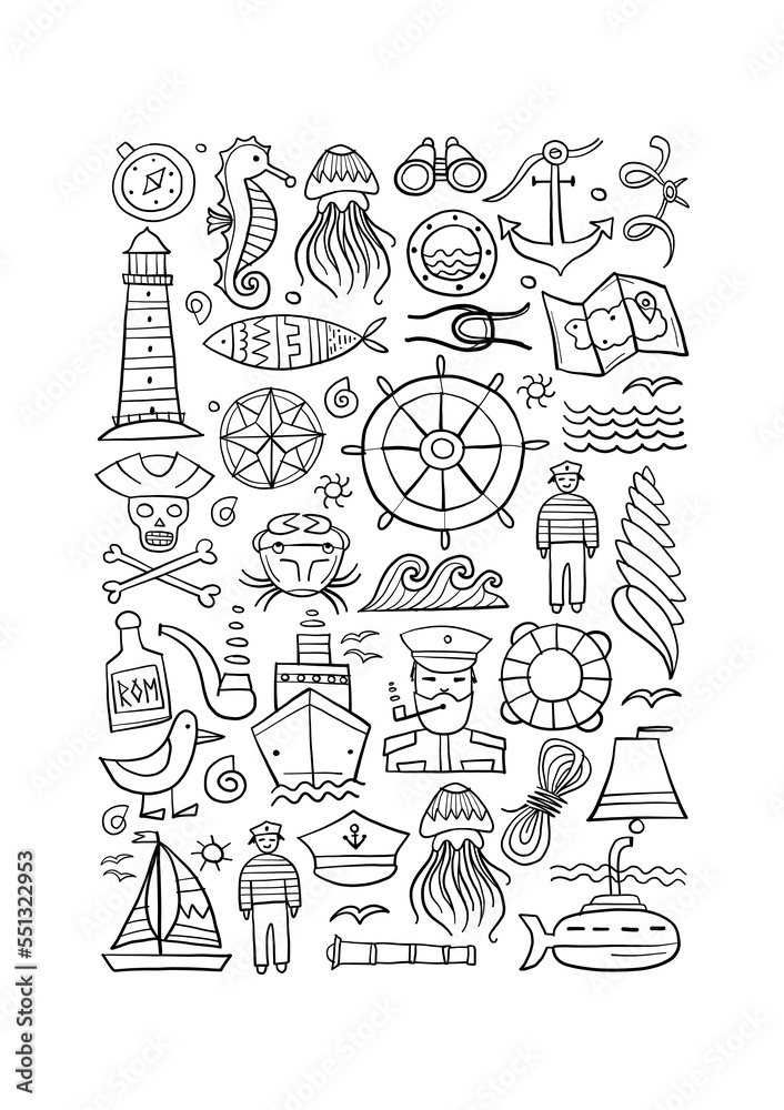 Nautical icons of navigator, ship and captain, lighthouse and sailor. Art background. Colouring style for your design