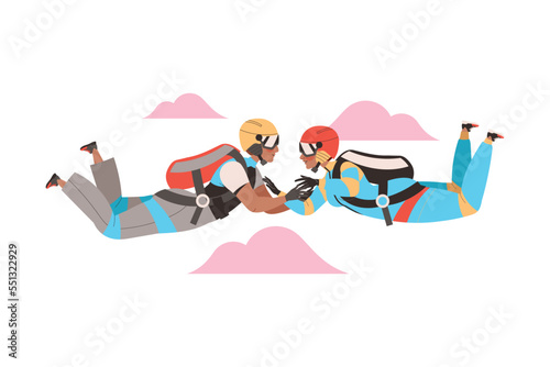 Man and Woman Characters Skydiving Falling Down with Parachute in Tandem Vector Illustration
