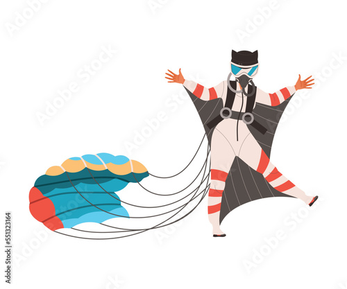 Fototapeta Naklejka Na Ścianę i Meble -  Woman Character in Wingsuit and Helmet Skydiving with Parachute Vector Illustration